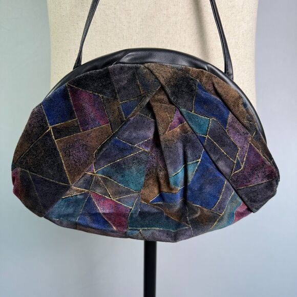 70s-80s Look Clamshell Velvet Purse Long Strap, Geometric Colorful Pattern 2/$50 - Picture 1 of 14
